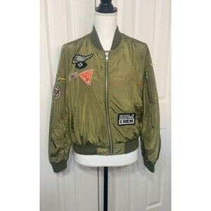 POETRY Bomber Jacket Womens M Olive Green Patch Military Flight Jacket Full Zip